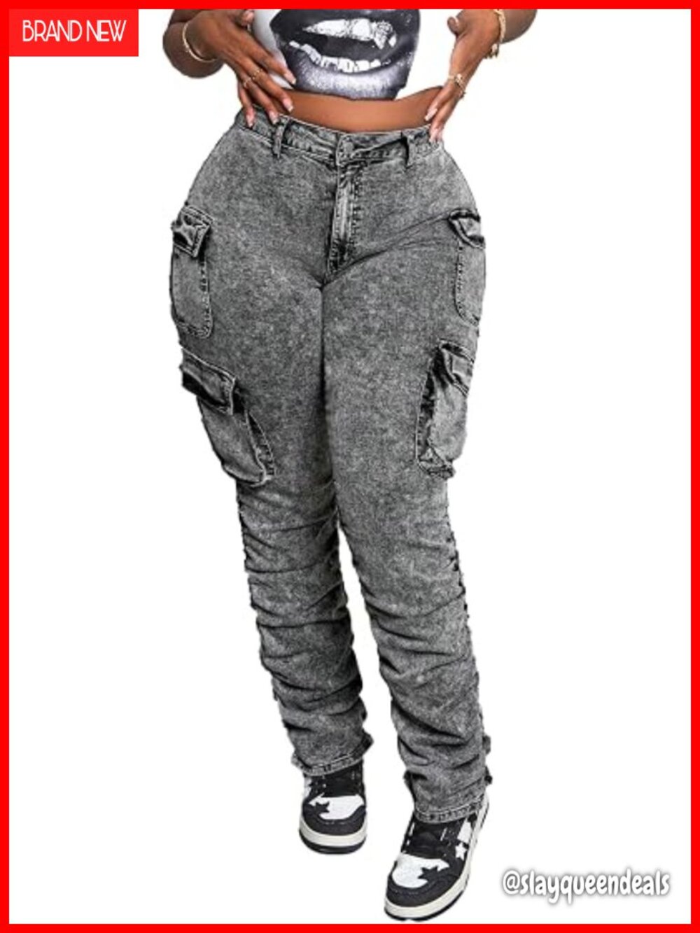 High Waist Cargo Jeans with Ruched Stacked Design, Multi-Pocket